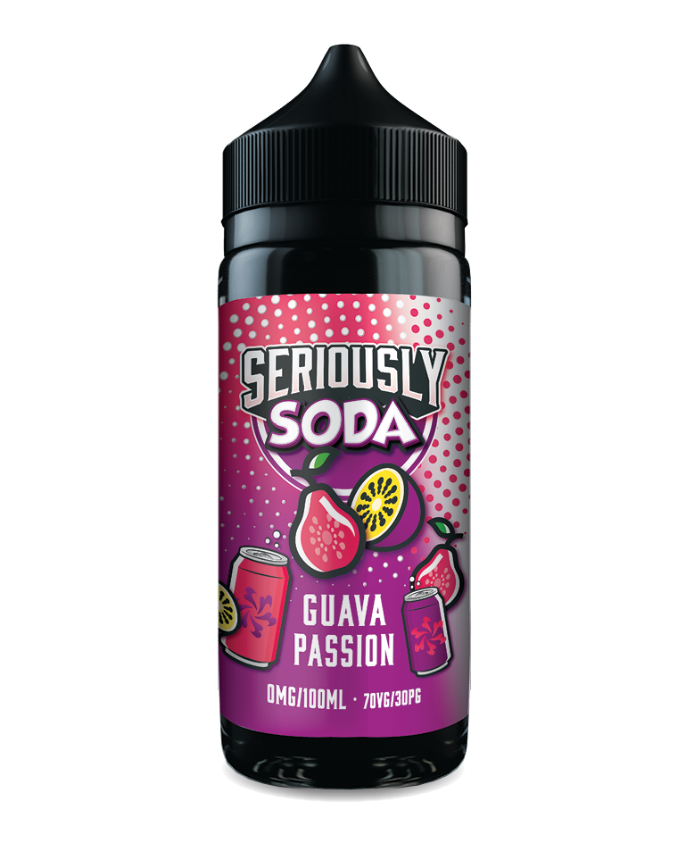   Seriously Soda Guava Passion E-liquid Shortfill. A Mouth Watering Combination of Crisp Juicy Guava complimented by the Exotic taste of Sweet Tangy Passionfruit. Based on the Infamous Soft Drink Flavour.